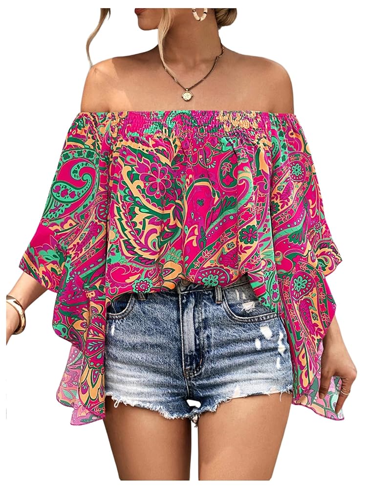 BEAUDRM Women's Y2K Floral Off Shoulder Blouse Boho Shirt